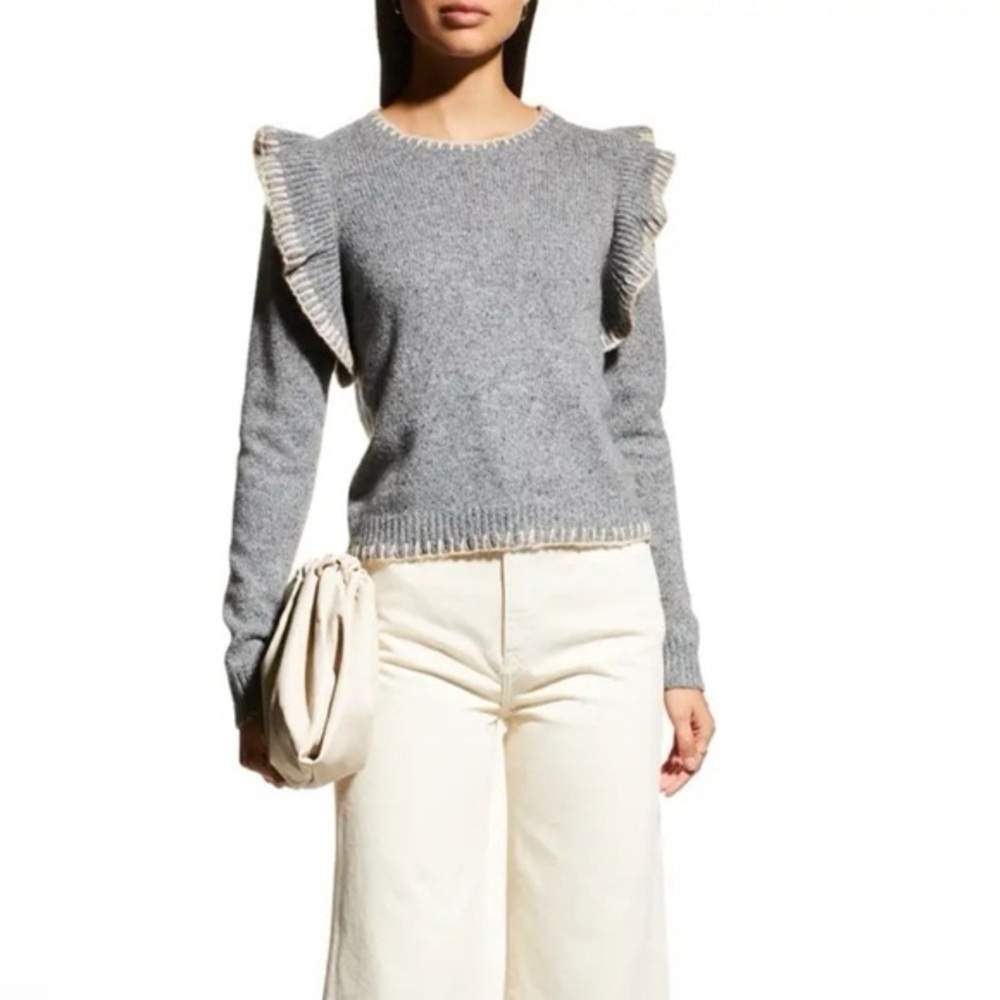 Autumn Cashmere Ruffle Blanket-Stitch Sweater